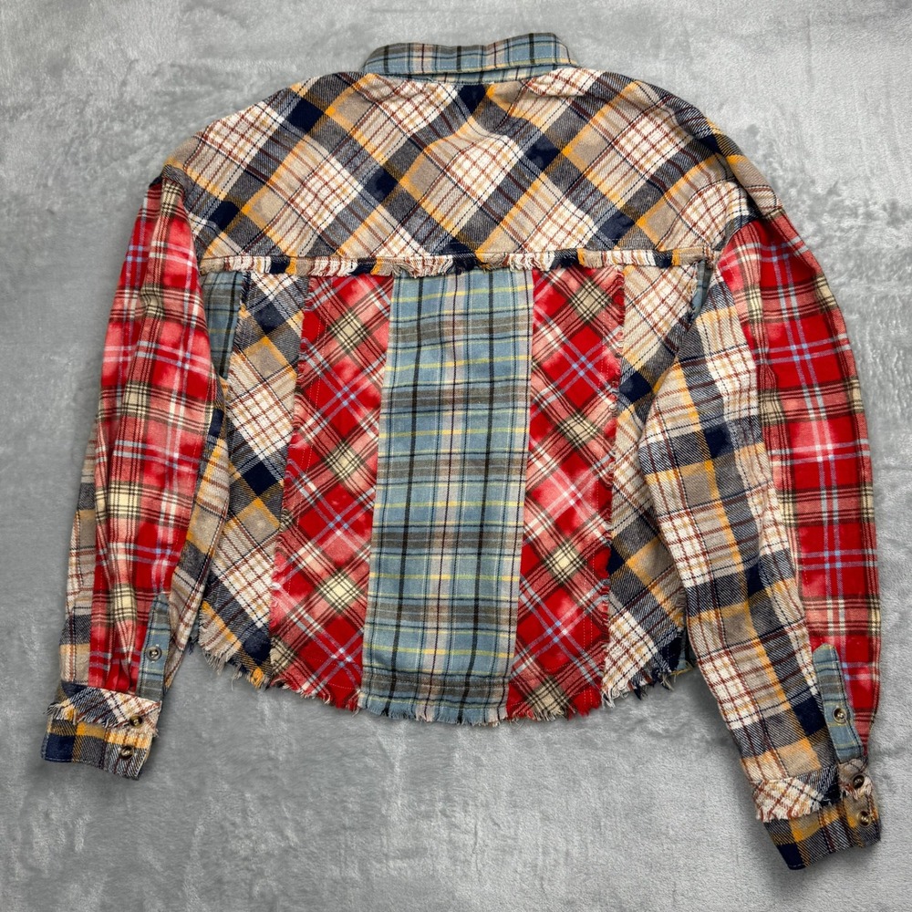 Patchwork Bleached Flannel Plaid Cotton Shirt Fra… - image 2